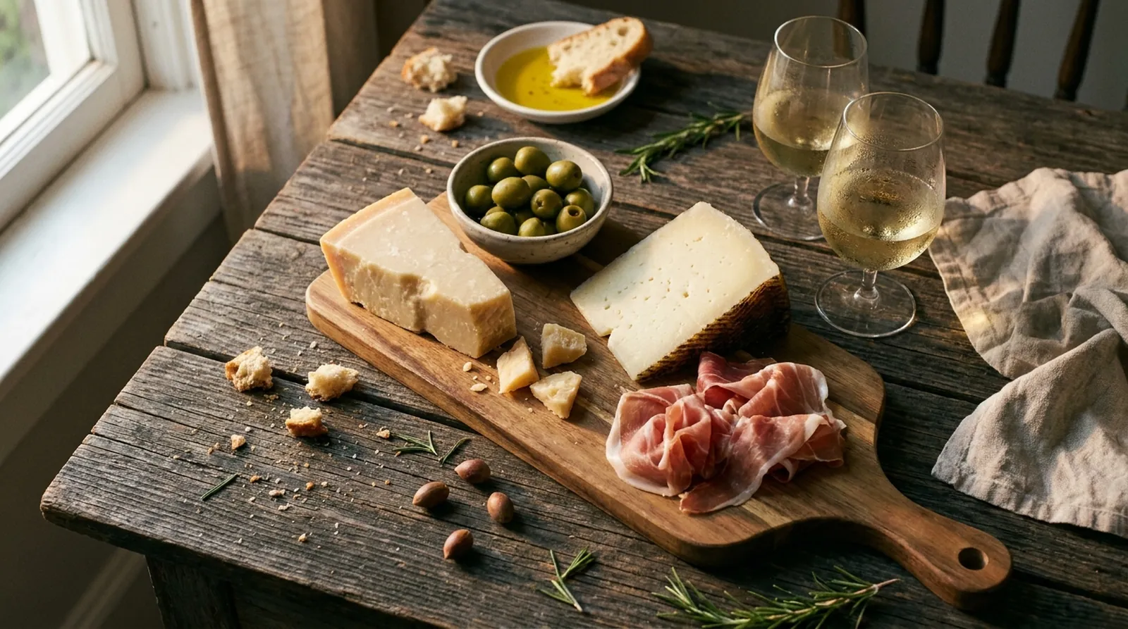 Il tagliere: formaggi, salumi e vino bianco
